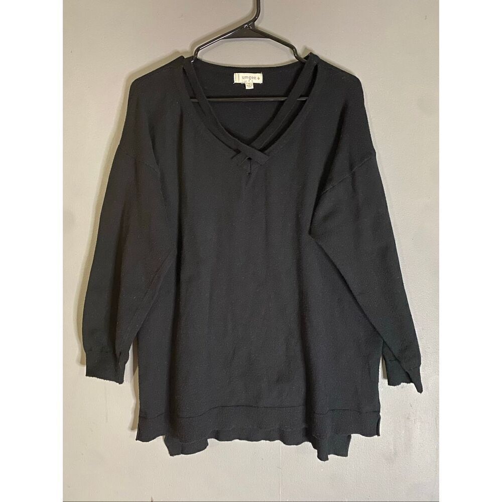 Umgee Tunic Sweater Womens Black Criss Cross V Neck Long Sleeve High Low XL